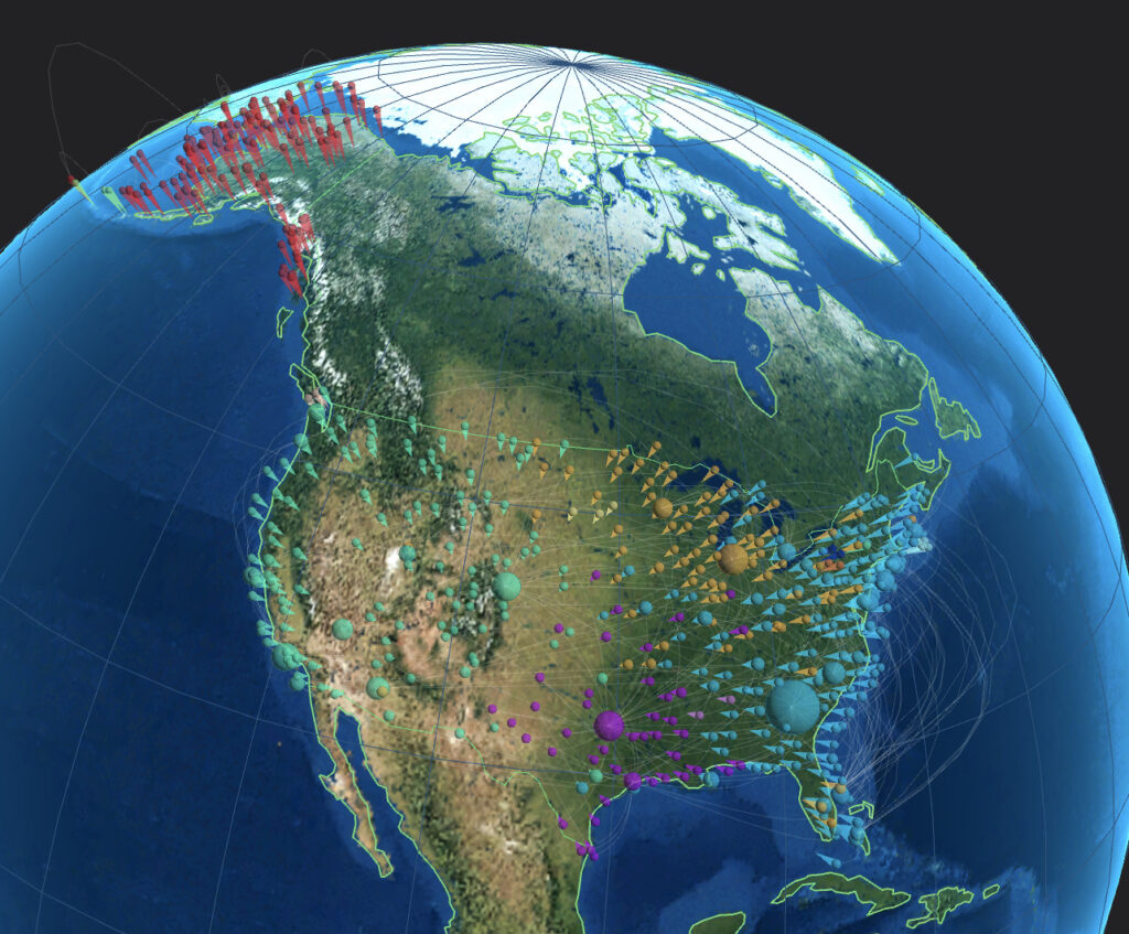 Beispiel - Visualisierung von Flughafen-Verkehrsdaten als Overlay auf der Oberfläche der Erde