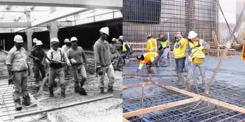 Alte Baustelle vs. neue Baustelle - Vergleich zwischen einer alten Baustelle um 1960 und einer neuen Baustelle in diesem Jahrhundert.