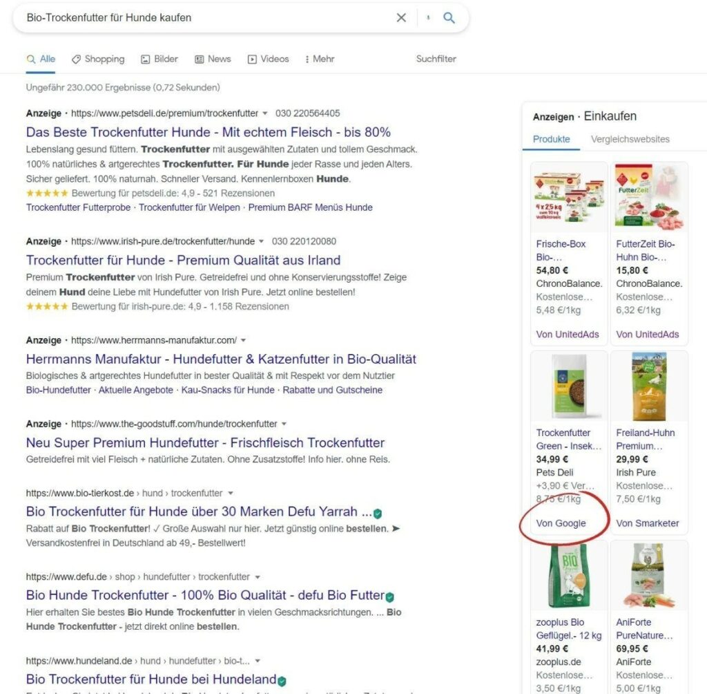 Google Comparison Shopping Services Beispiel mit Google Angebot für Bio-Trockenfutter für Hunde