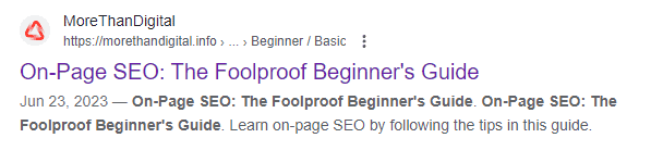Snippet for the morethandigital.info on-page SEO post in the SERPs